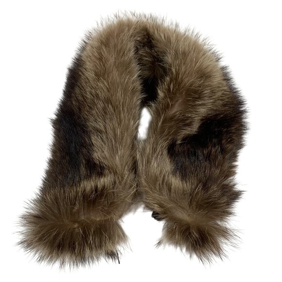 Genuine Brown Raccoon Fur Collar Scarf Black Satin Lining, Hook Closure EUC - Picture 1 of 4